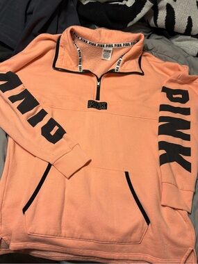 Victoria's Secret PINK Peach Half-Zip Pullover with Black Logo Trim